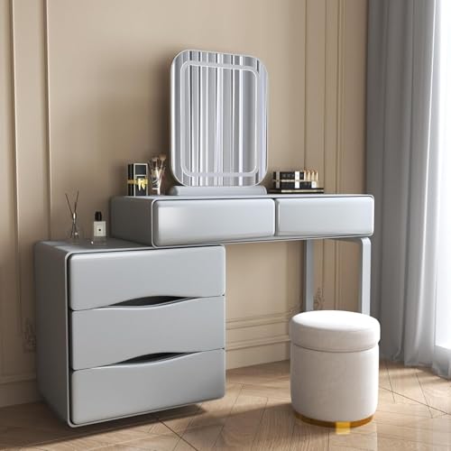 Schminktisch mit Beleuchtung & Spiegel – Modernes Makeup Tisch Set aus Holz,Mit Schubladen & LED-Spiegel mit 3 Lichtfarben,Schminktisch groß,Kosmetiktisch,Schminktische Holz für Schlafzimmer (605) von CHMAIDEU