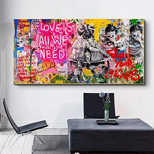 CHMIJ Druck auf Leinwand Liebe ist Alles was wir brauchen Banksy Poster und Drucke Graffiti Kunst Bild für Wohnzimmer Home Wanddekoration 50x100cm Rahmenlos von CHMIJ