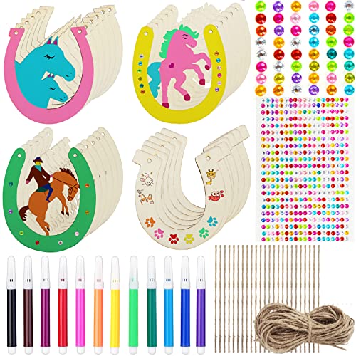 CHMMY 38 PCS Set Hufeisen kindergeburtstag Holzscheiben Scheiben Hufeisen mit Aquarellstift und Strassaufklebern für Geburtstagsdeko Party Hochzeiten Babypartys Kranzdekorationen DIY Dekoration von CHMMY