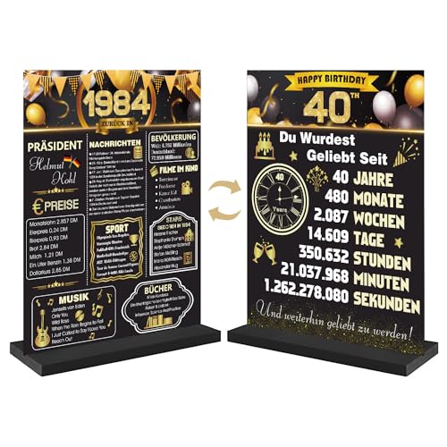 CHMMY 40 Geburtstag Geschenk, 40. Geburtstag Deko Frauen Männer, Double Print Schwarz Gold Zurück in 1984 Geburtstag Poster, Acryl Tisch Zeichen mit Stand, 40 Geburtstagsgeschenk Party-Zubehör Dekor von CHMMY