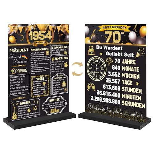 CHMMY 70 Geburtstag Geschenk, 70. Geburtstag Deko Frauen Männer, Double Print Schwarz Gold Zurück in 1954 Geburtstag Poster, Acryl Tisch Zeichen mit Stand, 70 Geburtstagsgeschenk Party-Zubehör Dekor von CHMMY