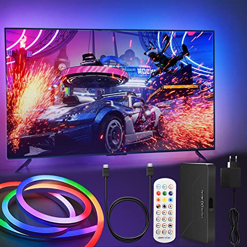 CHMMY TV Hintergrundbeleuchtung RGBIC Neon LED Streifen 4 m HDMI 2.0 Sync Box mit Video & Musik Sync DIY Farbwechsel Lichtleiste für 32-100 Zoll Fernseher und PC für Decke, Küche, Gaming von CHMMY