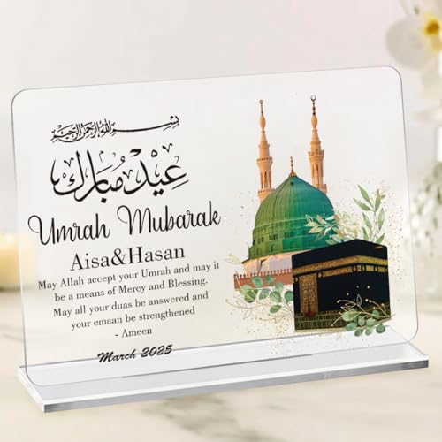 Personalisiertes Umrah Mubarak Geschenk, Individuell Anpassbar mit Namen und Monat, Personalisiertes Hadsch Fotogeschenk für Familie oder Freunde, Hadsch Blumen Dekoration aus Acryl mit Ständer von CHMMY
