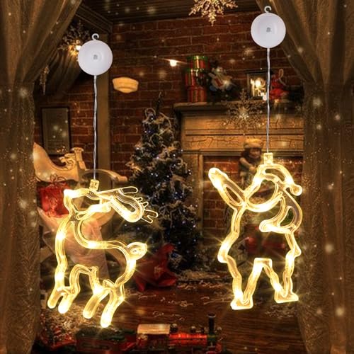 CHMMY Weihnachtsbeleuchtung Fenster LED Weihnachtsmann Elch, Weihnachtsdeko Fenster Lichterkette Batteriebetriebene mit Saugnäpfe, Warmweiß Fensterlicht für Weihnachten Deko, Balkon, Party, Hochzeit von CHMMY
