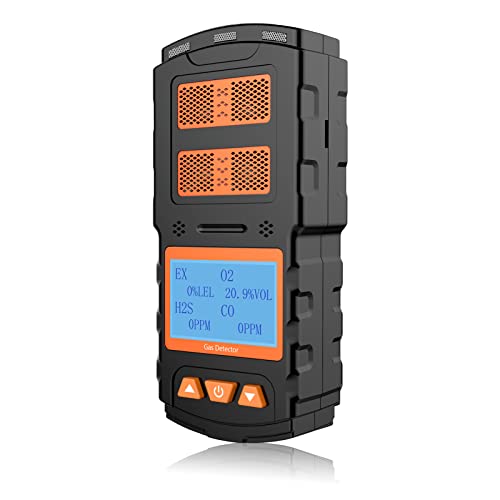 CHNADKS Tragbarer Gasdetektor, Wiederaufladbarer 4-Gasmonitor EX H2S CO O2 mit digitalem LCD-Display, Ton-Licht-Vibrationsalarm, persönliches 4-in-1 Gasmessgerät, Gastester-Analysator von CHNADKS
