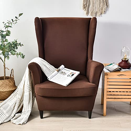 CHNSHOME Sesselhusse Ohrensessel 2 Stück Sesselbezug Sessel-Überwürfe Stretch Sesselüberzugs Ohrensessel Überzug Dunkelbraun von CHNSHOME
