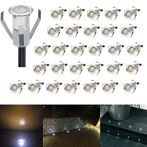 CHNXU 30er Set Mini Treppen Einbaustrahler Ø18mm Terrasse Bodeneinbaustrahler LED Bodenstrahler 0.4W IP67 Wasserdicht Aussen und Innen Boden Lampe mit 12V Netzteil für Garten Küche Gehweg, Kaltes Weiß von CHNXU