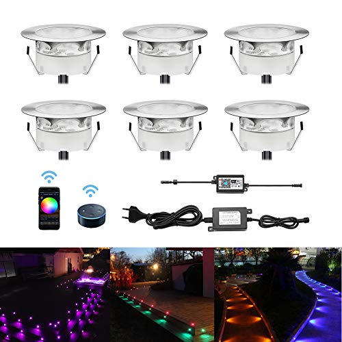 6er Set LED Treppen Bodeneinbaustrahler IP67 Wasserdicht Aussen, RGB WiFi Terrassen Einbaustrahler Kompatibel mit Amazon Alexa, Google Home, Ø60mm LED Bodeneinbauleuchten Steuerbar via App von CHNXU