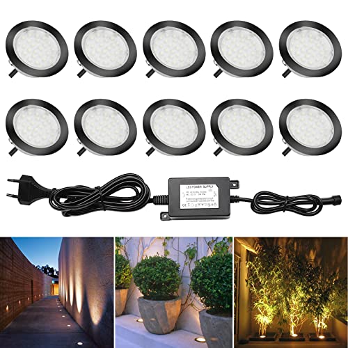 CHNXU 10 Stück LED Bodeneinbaustrahler, Warmes Weiß Terrassenbeleuchtung Bodenlampe Ø80mm 2.5W Treppen Einbauleuchten IP67 Wasserdicht Außenleuchten für Terrasse, Garten, Balkon, Küche, Schwarz von CHNXU