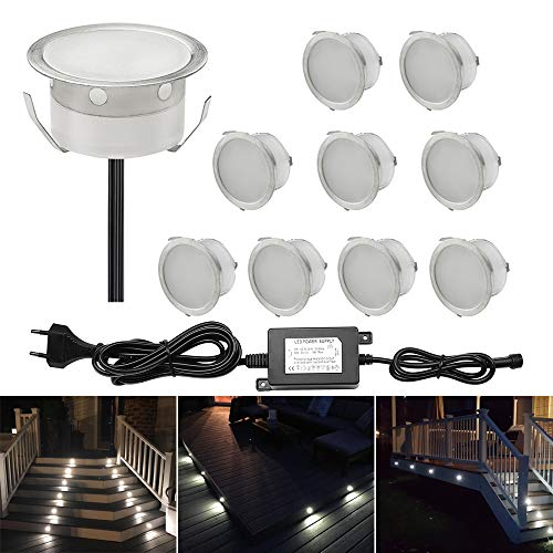 CHNXU 10er Set LED Boden Einbaustrahler Ø40mm Kaltes Weiß Treppenleuchten, IP67 Wasserdicht LED Terrasse Licht Aussen, Doppel 1M Kabel mit 2M Einbaustrahler Abstand für Küche, Garten, Balkon von CHNXU