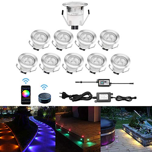 CHNXU 10er Set LED Bodeneinbauleuchte, WiFi RGB LED Einbaustrahler Steuerbar via App, IP67 Wasserdicht Außen Boden Lampe DC12V Ø30mm Treppen Einbaustrahler Kompatibel mit Amazon Alexa, Google Home von CHNXU