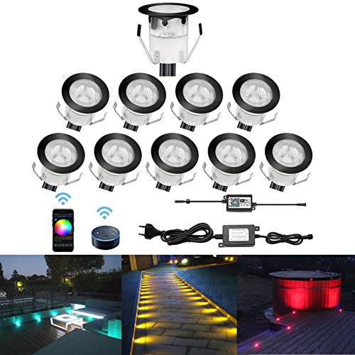 CHNXU 10er Set LED Bodeneinbauleuchte, WiFi RGB LED Einbaustrahler Steuerbar via App, IP67 Wasserdicht Außen Boden Lampe Ø30mm Treppen Einbaustrahler Kompatibel mit Amazon Alexa, Google Home, Schwarz von CHNXU