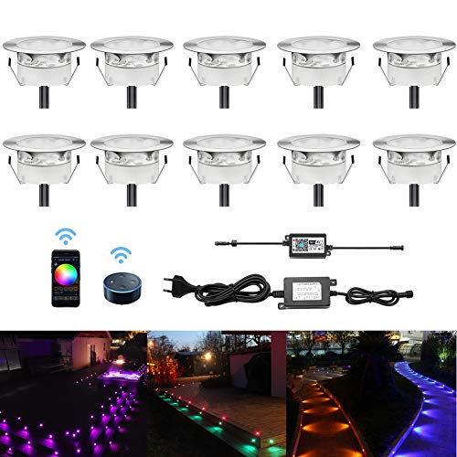 CHNXU 10er Set LED Treppen Bodeneinbaustrahler RGB WiFi IP67 Wasserdicht Aussen Terrassen Einbaustrahler Kompatibel mit Amazon Alexa, Google Home, Ø60mm LED Bodeneinbauleuchten Steuerbar via App von CHNXU