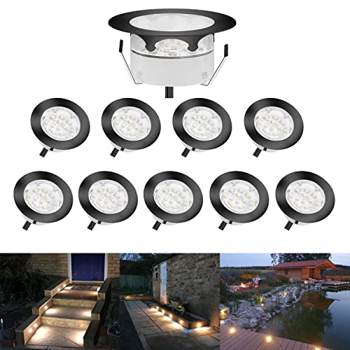 CHNXU 10er Set LED Treppen Bodeneinbaustrahler Warmes Weiß Terrassenbeleuchtung Bodenspots Ø60mm IP67 Wasserdicht DC 12V 1,5W innen Außen Lampe Boden Einbauleuchten Küche Garten Dekolicht, Schwarz von CHNXU