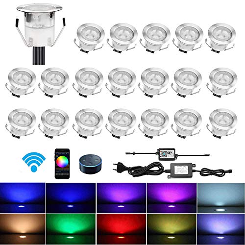 CHNXU 20er Set LED Bodeneinbauleuchte, WiFi RGB LED Einbaustrahler Steuerbar via App, IP67 Wasserdicht Außen Boden Lampe DC12V Ø30mm Treppen Einbaustrahler Kompatibel mit Amazon Alexa, Google Home von CHNXU