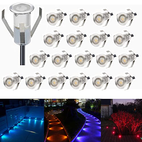 CHNXU 20er Set Mini Treppen Einbaustrahler Ø18mm 7LM RGB Farbwechsel Bodeneinbauleuchte LED IP67 Wasserdicht Aussen und Innen Deckenstrahler Boden Lampe mit 12V Netzteil für Garten Terrasse Küche Bad von CHNXU