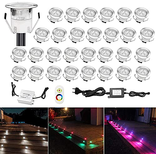 CHNXU 30er Set Bodeneinbaustrahler LED Ø30mm Aussen Treppen Einbaustrahler 0.3W IP67 Wasserdicht Boden Lampe RGB Farbwechsel-LED Terrasse Licht Küche Garten Einbauleuchten Poolbeleuchtung von CHNXU