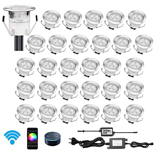 CHNXU 30er Set LED Bodeneinbauleuchte, WiFi RGB LED Einbaustrahler Steuerbar via App, IP67 Wasserdicht Außen Boden Lampe Ø30mm DC 12V Treppen Einbaustrahler Kompatibel mit Amazon Alexa, Google Home von CHNXU