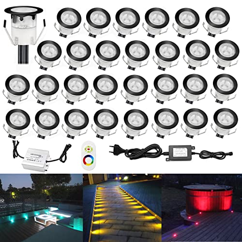 CHNXU 30er Set LED Bodeneinbauleuchte Ø30mm 0.3W Treppen Einbaustrahler DC 12V IP67 Wasserdicht Außen Lampe RGB Farbwechsel Lichter für Garden Küche Decke Holzbrücke Poolbeleuchtung Holzdeck, Schwarz von CHNXU