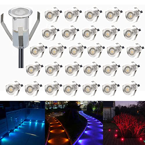 CHNXU 30er Set Mini Treppen Einbaustrahler Ø18mm 7LM RGB Farbwechsel Bodeneinbauleuchte LED IP67 Wasserdicht Aussen und Innen Deckenstrahler Boden Lampe mit 12V Netzteil für Garten Terrasse Küche Bad von CHNXU