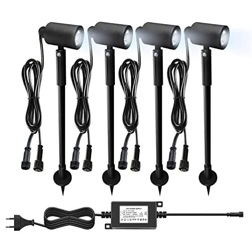 CHNXU 4er Set LED Gartenbeleuchtung 3W Gartenleuchte IP67 Wasserdicht Kaltes Weiß 6500K 180LM Höhenverstellbar Gartenlampe Gartenstrahler mit 12V Netzteil für Außen Baum, Wiese, Garten, Rasen, Hof von CHNXU
