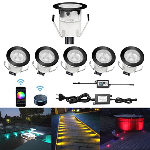 CHNXU 6er Set LED Bodeneinbauleuchte, WiFi RGB LED Einbaustrahler Steuerbar via App, IP67 Wasserdicht Außen Boden Lampe Ø30mm Treppen Einbaustrahler Kompatibel mit Amazon Alexa, Google Home, Schwarz von CHNXU