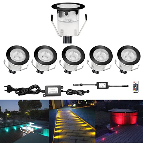 CHNXU 6er Set LED Bodeneinbauleuchte Ø30mm 0.3W Treppen Einbaustrahler DC 12V IP67 Wasserdicht Außen Lampe RGB Veränderbare Lichter für Garden Küche Decke Holzbrücke Poolbeleuchtung Holzdeck, Schwarz von CHNXU