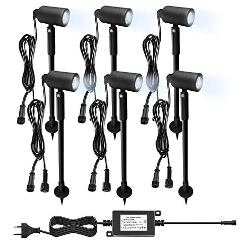 CHNXU 6er Set LED Gartenbeleuchtung 3W Gartenleuchte IP67 Wasserdicht Kaltes Weiß 6500K 180LM Höhenverstellbar Gartenlampe Gartenstrahler mit 12V Netzteil für Außen Baum, Wiese, Garten, Rasen, Hof von CHNXU