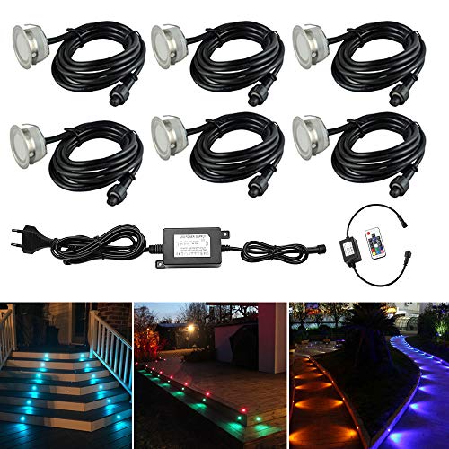 CHNXU 6er Set RGB LED Bodeneinbaustrahler Ø40mm Terrasse Einbauleuchte, IP67 Wasserdicht LED Treppen Beleuchtung Aussen, Doppel 1M Kabel mit 2M Einbaustrahler Abstand für Küche, Garten, Balkon von CHNXU