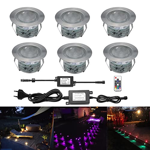 CHNXU 6er Set Terrassen Einbaustrahler RGBWW Boden Einbauleuchten Außen RGB + Warmweiß LED Treppen Beleuchtung Ø45mm Bodeneinbaustrahler IP67 Wasserdicht Einbauspots für Garten Gehweg Küche Holzdeck von CHNXU