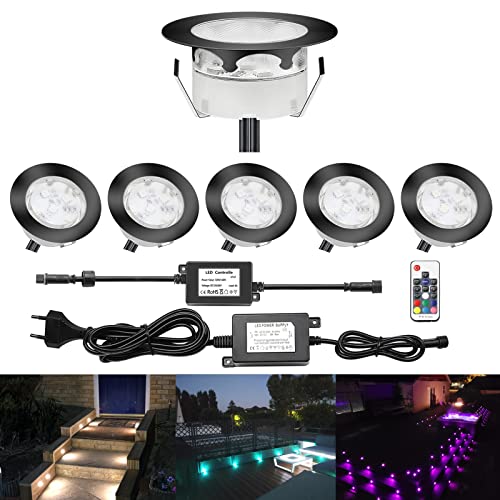 CHNXU 6er Set Treppen Bodeneinbaustrahler RGBWW Ø60mm LED Terrassen Einbaustrahler Außen RGB + Warmweiß DC 12V 1W Bodeneinbaustrahler IP67 Wasserdicht Einbauspots für Garten Balkon Holzdeck, Schwarz von CHNXU