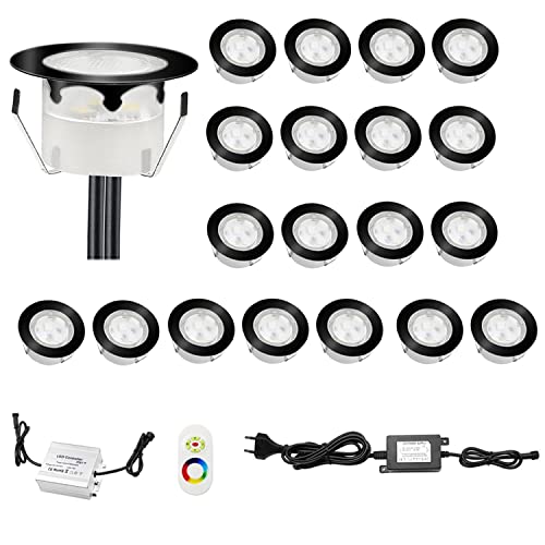 CHNXU LED Bodeneinbaustrahler 20er Set Farbwechse RGB Treppenbeleuchtung Ø45mm Terrassen Einbaustrahler Aussen 12V IP67 Wasserdicht Bodenlampe für Garten Holzbrücke Pool Holzdeck, Schwarz von CHNXU