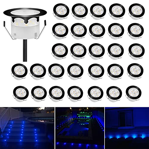 CHNXU LED Bodeneinbaustrahler 30er Set Treppenbeleuchtung Ø45mm 1W Blau Terrassen Einbaustrahler Aussen 12V IP67 Wasserdicht Bodenlampe für Garten Holzbrücke Pool Holzdeck, Schwarz von CHNXU