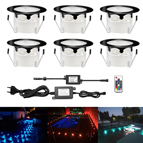 CHNXU LED Bodeneinbaustrahler 6er Set Farbwechse RGB Treppenbeleuchtung Ø45mm Terrassen Einbaustrahler Aussen 12V IP67 Wasserdicht Bodenlampe für Garten Holzbrücke Pool Holzdeck, Schwarz von CHNXU