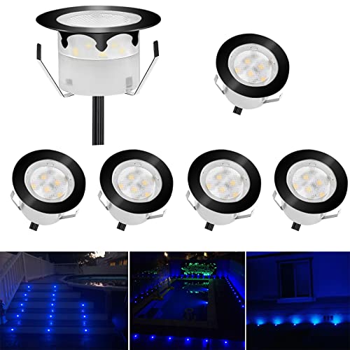 CHNXU LED Bodeneinbaustrahler 6er Set Treppenbeleuchtung Ø45mm 1W Blau Terrassen Einbaustrahler Aussen 12V IP67 Wasserdicht Bodenlampe für Garten Holzbrücke Pool Holzdeck, Schwarz von CHNXU