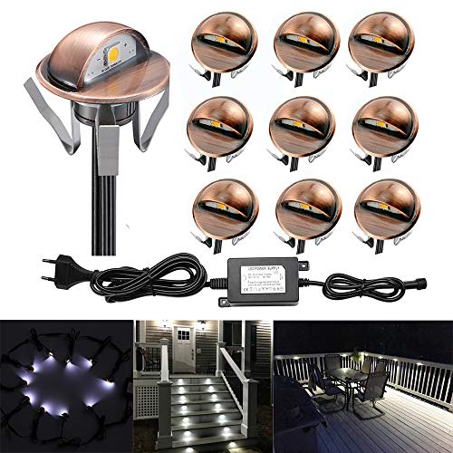 CHNXU Treppenbeleuchtung 10er Set LED Bodeneinbaustrahler Kupfer Kaltes Weiß IP65 Wasserdicht Außen Terrassen Einbaustrahler Ø35mm Bodenlampe für Garten Holzbrücke Pool Holzdeck von CHNXU