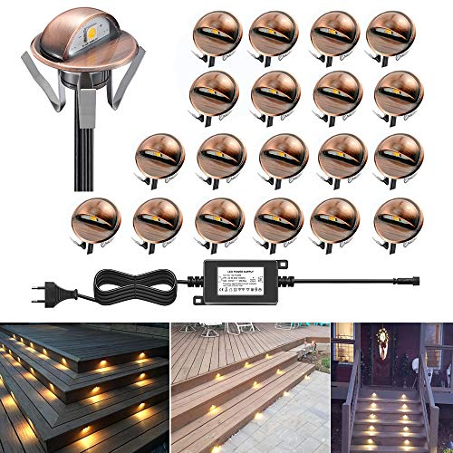 CHNXU Treppenbeleuchtung 20er Set LED Bodeneinbaustrahler Kupfer Warmes Weiß IP65 Wasserdicht Außen Terrassen Einbaustrahler Ø35mm Bodenlampe für Garten Holzbrücke Pool Holzdeck von CHNXU