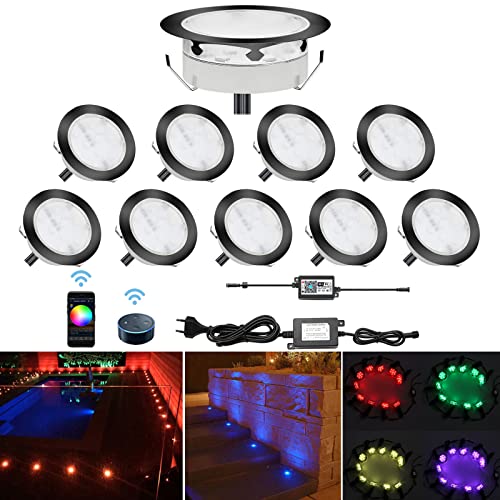 LED Bodeneinbaustrahler, 10 Stück WiFi Treppen Einbauleuchten Ø80mm RGB Einbauspots Steuerbar via App, IP67 Wasserdicht Außenleuchten Boden Lampe Kompatibel mit Amazon Alexa, Google Home, Schwarz von CHNXU