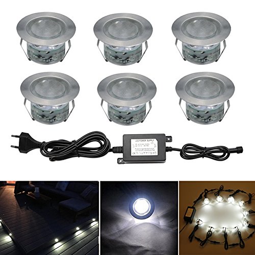 CHNXU LED Bodeneinbaustrahler 6er Set Ø45mm 1W Terrassen Einbaustrahler Aussen 12V IP67 Wasserdicht Terrassenstrahler Licht für Küche Garten Treppen Balkon Terrasse, Kaltes Weiß von CHNXU