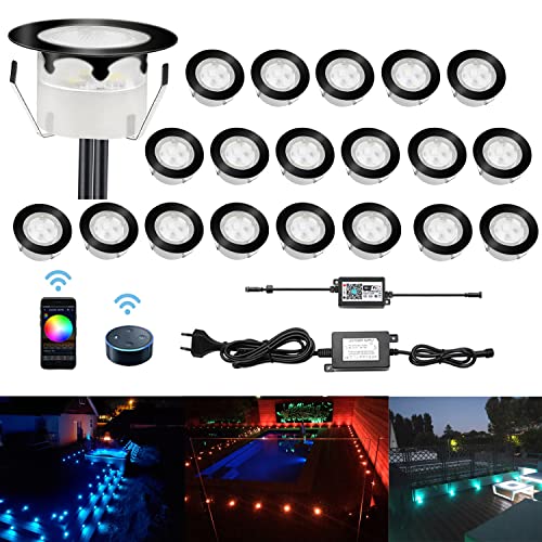 LED Bodeneinbaustrahler RGB 20er Set, Ø45mm WiFi Terrasse Einbauleuchten Kompatibel mit Amazon Alexa, Google Home, IP67 Wasserdicht App Steuerbar Außen Boden Licht für Küche Garten Treppen, Schwarz von CHNXU