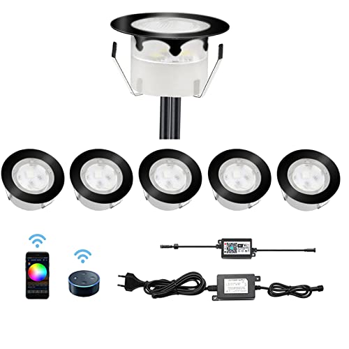 LED Bodeneinbaustrahler RGB 6er Set, Ø45mm WiFi Terrasse Einbauleuchten Kompatibel mit Amazon Alexa, Google Home, IP67 Wasserdicht App Steuerbar Außen Boden Licht für Küche Garten Treppen, Schwarz von CHNXU