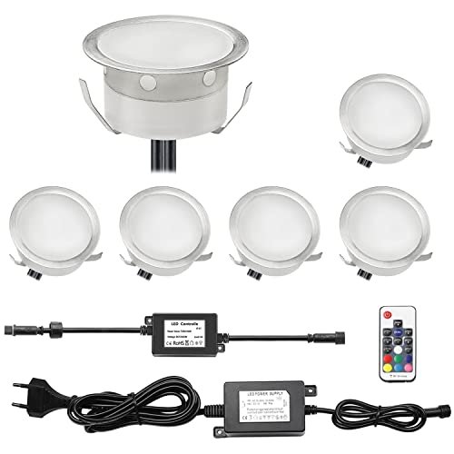 CHNXU Terrassen Einbaustrahler, 6er Set RGB LED Bodeneinbaustrahler Ø40mm IP67 Wasserdicht Farbwechsel Treppen Beleuchtung Aussen Einbauleuchten Deckenstrahler Bodenleuchten für Küche, Garten, Balkon von CHNXU