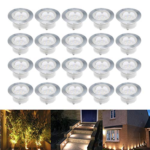 Treppen Bodeneinbaustrahler 20er Set, IP67 Wasserdicht Terrassen Einbaustrahler Ø60mm Aussen LED Bodeneinbauleuchten, DC 12V 1.5W Terassen Küche Garten LED Einbaustrahler, Warmes Weiß von CHNXU