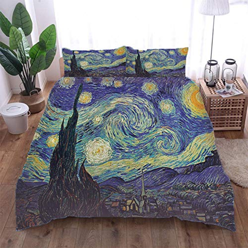 Bettwäsche Set Single Single 140X200Cm 3 Tlg Bedruckt Bettbezug Einzelbett Mit Reißverschluss 3D Duvet Quilt Mit 2 Kissenbezug Für Kinder Jungen Mädchen Bettwäsche-Set Van Gogh-Fantasy Sternenhimmel von CHNXXL