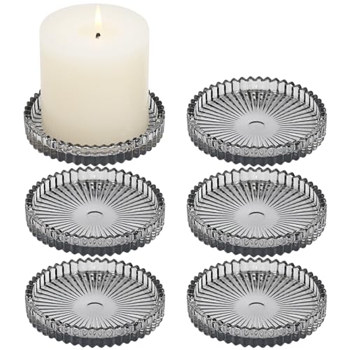 CHOCSTAY Kerzenhalter aus Glas, rund, Stumpenkerzenhalter, kleines Tablett für Tischdekoration, 6 Stück, Grau von CHOCSTAY