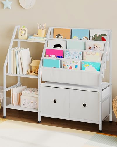 CHOEZON Bücherregal Kinder, Kinderregal, Kinderspielzeug Regal, Spielzeug Aufbewahrung mit 4 Hängetaschen, 3 Ablagen und 2 Boxen, für Spielzimmer, Kinderzimmer, Klassenzimmer, Weiß DTCW10WB von CHOEZON