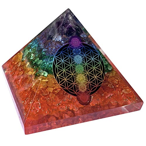 CHONIT Orgonit Pyramide, Chakra-Mix bunt mit Symbol Blume des Lebens, Schutz, klein mit Bergkristall als Deko für zu Hause (Bunt Chakra-Mix) von CHONIT