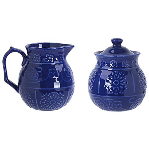 CHOOLD Blau geprägtes Keramik-Zucker- und Milchkännchen-Set mit Deckel, Löffel, Sahne, Servierset, Kaffee-Servierset, 284 ml von CHOOLD