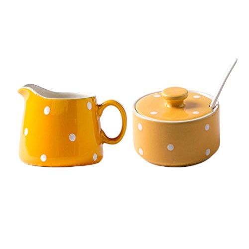 CHOOLD Chic Polka Dot Keramik Zucker und Milchkännchen Set mit Löffel Sahne Servierset für Kaffee und Tee (Rosa/Blau/Gelb) von CHOOLD