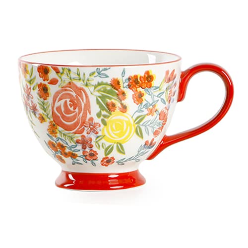 CHOOLD Schicke handbemalte Blumenmuster, große Keramik-Kaffeetasse, Jumbo-Tasse, Tee, Milch, Müsli-Tasse für Küche, Abendessen, 425 ml, Rotgelbe Rosen von CHOOLD